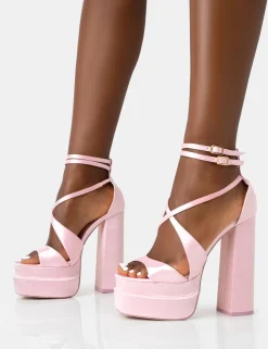 Public Desire Breanna Baby Pink Satin Strappy Ankle Extreme Double Platform Block Heels | Women Platform Heels