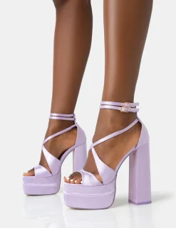 Public Desire Breanna Satin Strappy Ankle Extreme Double Platform Block Heels | Women Platform Heels