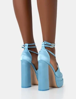 Public Desire Breanna Wide Fit Baby Satin Strappy Ankle Extreme Double Platform Block Heels | Women Wide Fit Heels