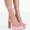 Public Desire Bring It Pu Square Toe Lace Up Strappy Platform Thin Block Heels | Women Square Toe Heels