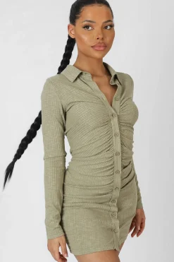 Public Desire Button Front Ruched Dress Khaki | Women Dresses