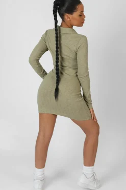Public Desire Button Front Ruched Dress Khaki | Women Dresses