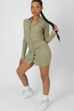Public Desire Button Front Ruched Dress Khaki | Women Dresses