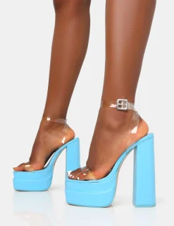 Public Desire Calla Baby Patent Barely There Clear Perspex Square Toe Platform Block Heels | Women Barely There Heels