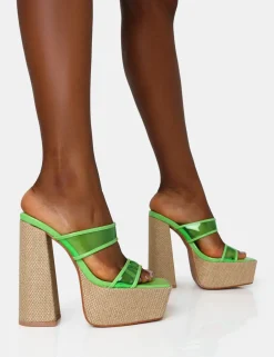 Public Desire Carley Neon Perspex Mule Square Toe Platform Raffia Block Heels | Women Square Toe Heels