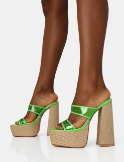 Public Desire Carley Neon Perspex Mule Square Toe Platform Raffia Block Heels | Women Square Toe Heels