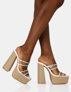 Public Desire Carley Perspex Mule Square Toe Platform Raffia Block Heels | Women Square Toe Heels