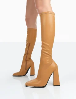 Public Desire Caryn Grain Pu Patent Knee High Block Heeled Boots | Women Knee High Boots