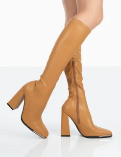 Public Desire Caryn Grain Pu Patent Knee High Block Heeled Boots | Women Knee High Boots