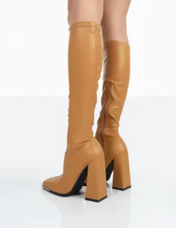 Public Desire Caryn Grain Pu Patent Knee High Block Heeled Boots | Women Knee High Boots