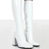 Public Desire Caryn Patent Wide Fit Knee High Block Heeled Boots | Women Wide Fit Long Boots