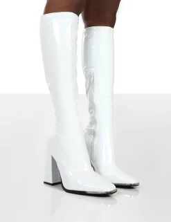 Public Desire Caryn Patent Wide Fit Knee High Block Heeled Boots | Women Wide Fit Long Boots