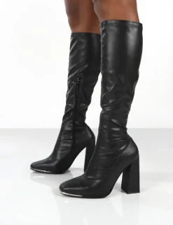 Public Desire Caryn Pu Wide Fit Knee High Block Heeled Boot | Women Wide Fit Long Boots