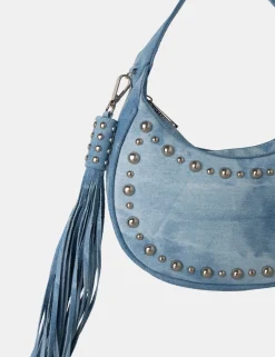Public Desire Cato Washed Denim Bleached Studded Tassel Boho Shoulder Bag | Women Evening Bags