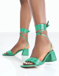 Public Desire Caught Out Satin Square Open Toe Lace Up Block Heeled Sandals | Women Court Heels