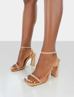 Public Desire Charlotte Patent Square Toe Strappy Block Heels | Women Barely There Heels