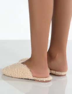 Public Desire Ciao Natural Teddy Slip On Slippers | Women Slippers