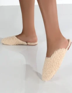 Public Desire Ciao Natural Teddy Slip On Slippers | Women Slippers