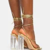 Public Desire Clara Metallic Pu Strappy Lace Up Round Toe Clear Perspex Heels | Women Barely There Heels