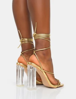 Public Desire Clara Metallic Pu Strappy Lace Up Round Toe Clear Perspex Heels | Women Barely There Heels
