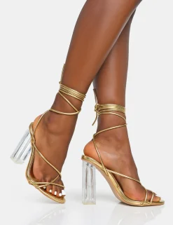 Public Desire Clara Metallic Pu Strappy Lace Up Round Toe Clear Perspex Heels | Women Barely There Heels