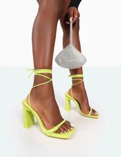 Public Desire Cleo Pu Square Toe Strappy Lace Up Block Heels | Women Square Toe Heels