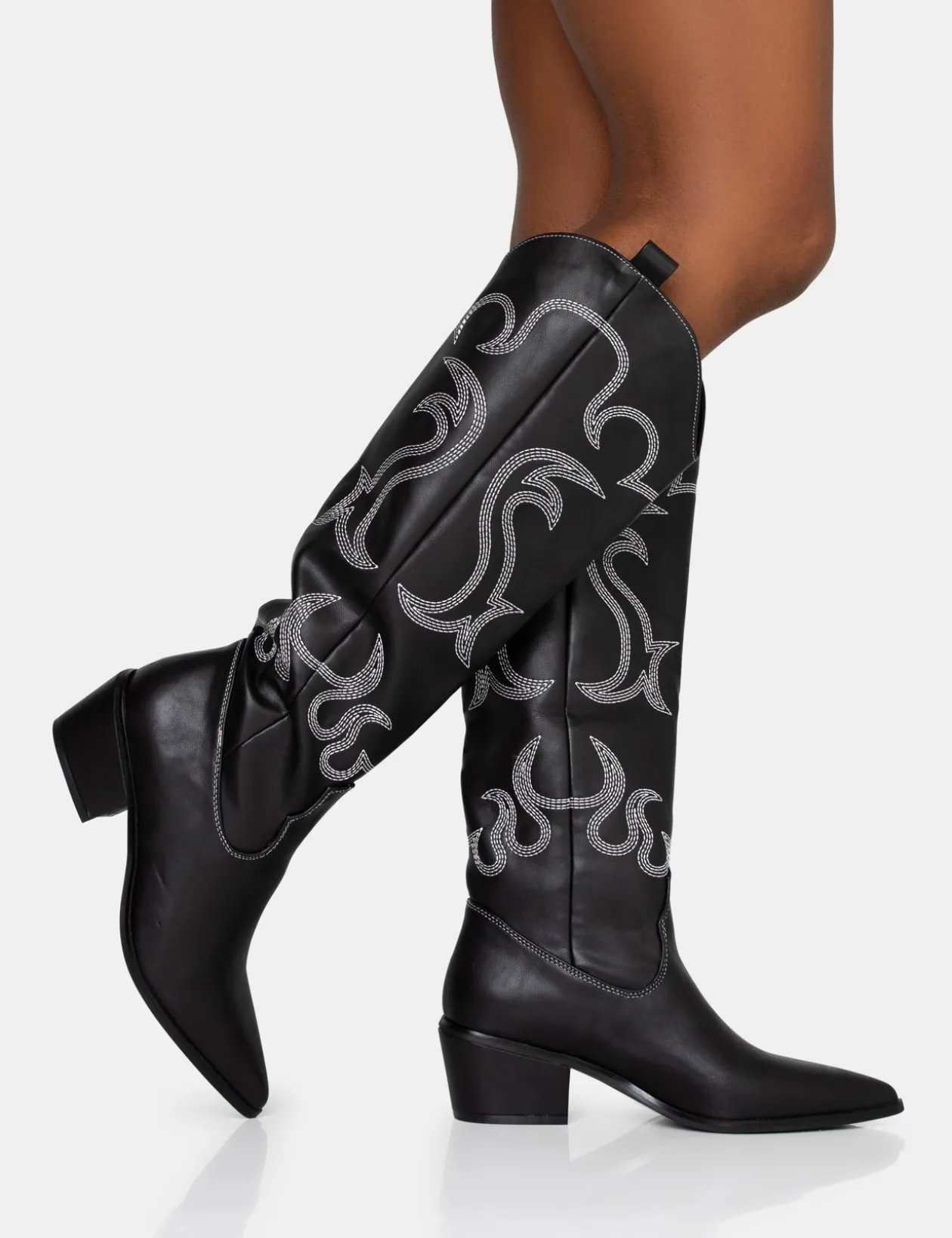 Public Desire Cooper Pu Western Embroidered Knee High Cowboy Boot | Women Western Boots