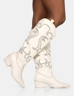 Public Desire Cooper Pu Western Embroidered Knee High Cowboy Boot | Women Western Boots