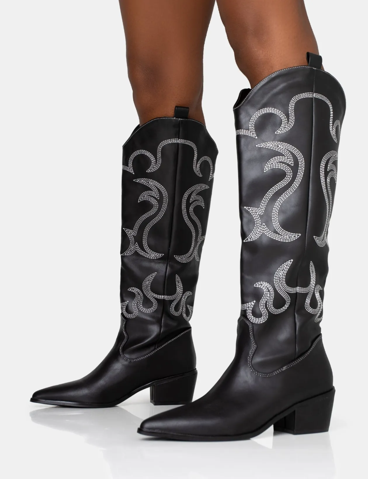 Public Desire Cooper Pu Western Embroidered Knee High Cowboy Boot | Women Western Boots
