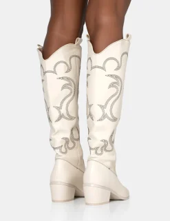 Public Desire Cooper Pu Western Embroidered Knee High Cowboy Boot | Women Western Boots
