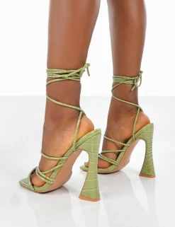 Public Desire Corrbin Croc Patent Pu Strappy Lace Up Flared Heels | Women Barely There Heels
