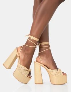 Public Desire Crete Raffia Diamante Twist Strap Lace Up Platform Block Heels | Women Platform Heels