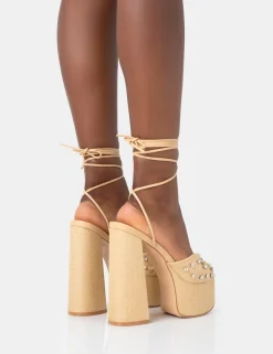 Public Desire Crete Raffia Diamante Twist Strap Lace Up Platform Block Heels | Women Platform Heels