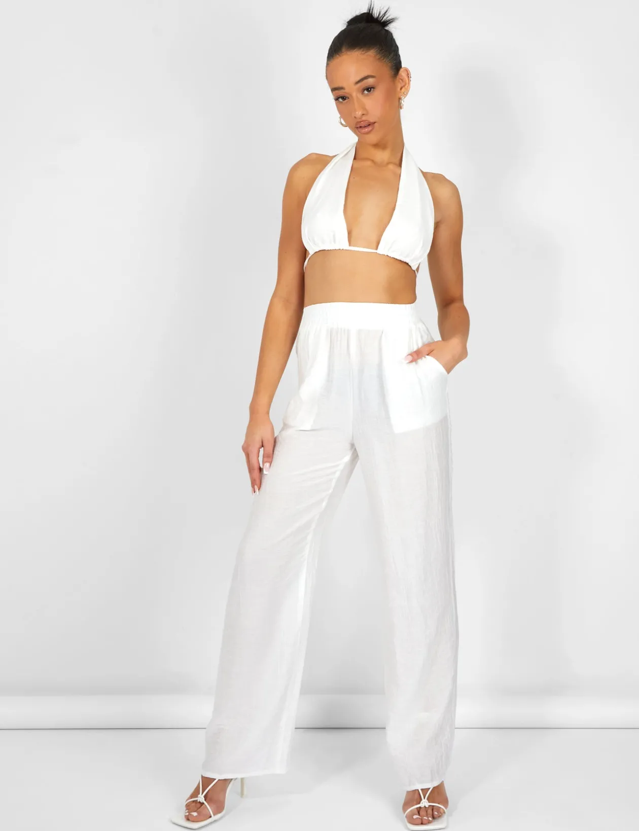 Public Desire Crinkle Elasticated Waist Wide Leg Trousers | Women Trousers