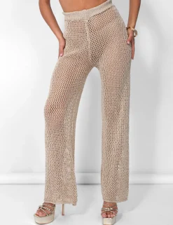 Public Desire Crochet Beach Trousers High Waisted Wide Leg Metallic Thread | Women Trousers