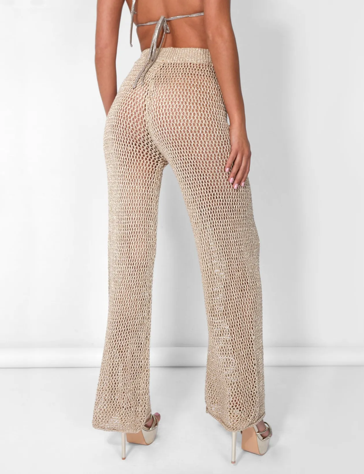 Public Desire Crochet Beach Trousers High Waisted Wide Leg Metallic Thread | Women Trousers