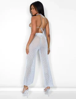 Public Desire Crochet Beach Trousers High Waisted Wide Leg Metallic Thread Light Grey | Women Trousers