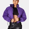 Public Desire Cropped Pocket Detail Puffer Purple | Women Outerwear & Jackets