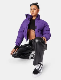 Public Desire Cropped Pocket Detail Puffer Purple | Women Outerwear & Jackets
