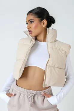 Public Desire Cropped Puffer Gilet Stone | Women Outerwear & Jackets