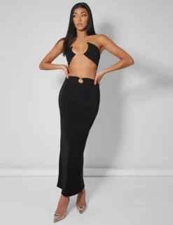 Public Desire Cross Front Diamante Rope Midaxi Skirt Black | Women Skirts