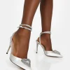Public Desire Cupid Off White Satin Diamante Heart Wrap Around Pointed Toe Stiletto Heels | Women Court Heels