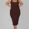 Public Desire Curve Bodycon Scoop Neck Midi Dress Chocolate | Women Curve