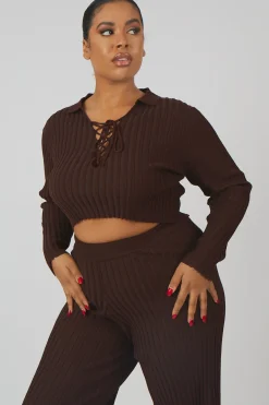 Public Desire Curve Lace Up Ribbed Knitted Crop Top | Women Curve