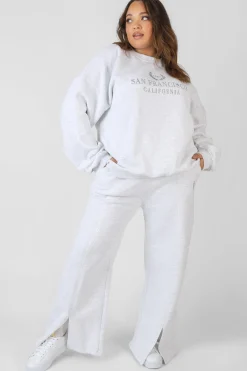 Public Desire Curve Oversized Embroidered Split Front Joggers Oatmeal | Women Curve