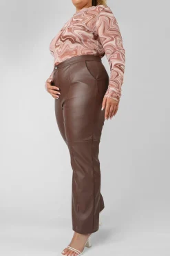Public Desire Curve Pu Seam Front Split Detail Trousers Chocolate | Women Curve