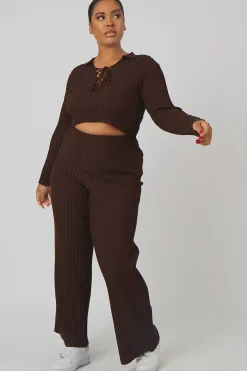 Public Desire Curve Ribbed Knitted Wide Leg Trousers | Women Curve