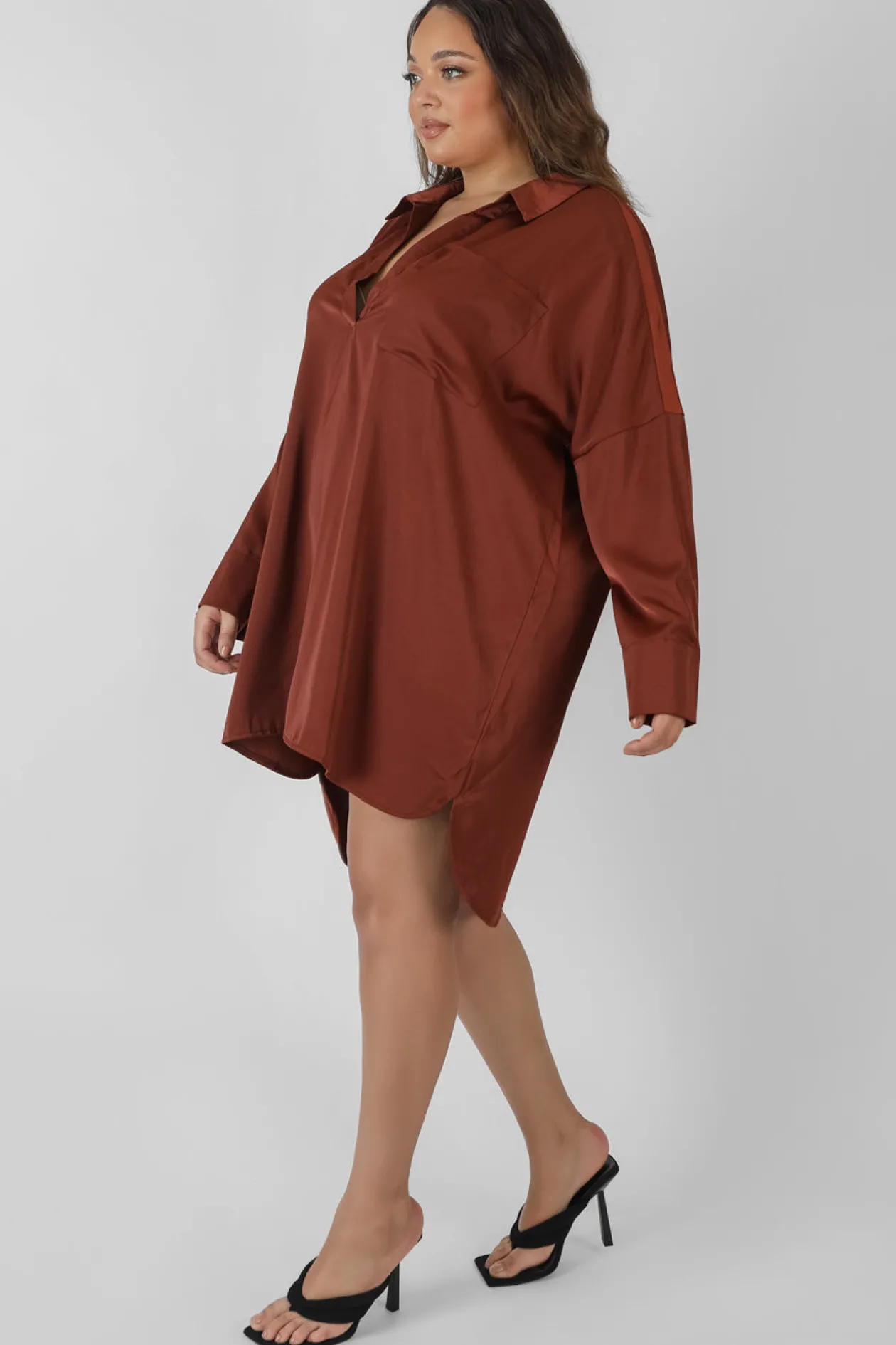 Public Desire Curve Satin Shirt Dress Chocolate | Women Curve