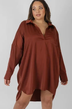Public Desire Curve Satin Shirt Dress Chocolate | Women Curve