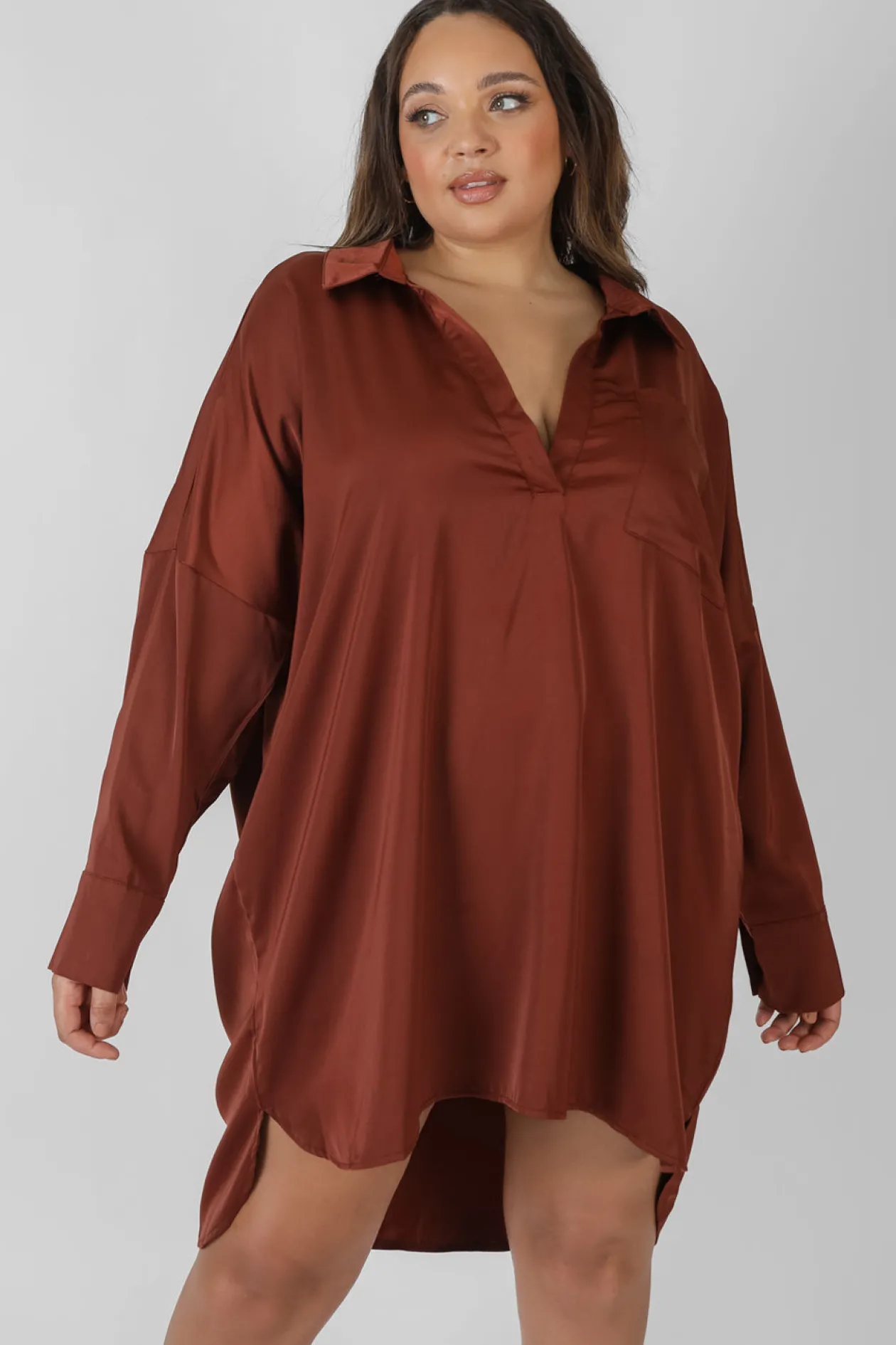 Public Desire Curve Satin Shirt Dress Chocolate | Women Curve